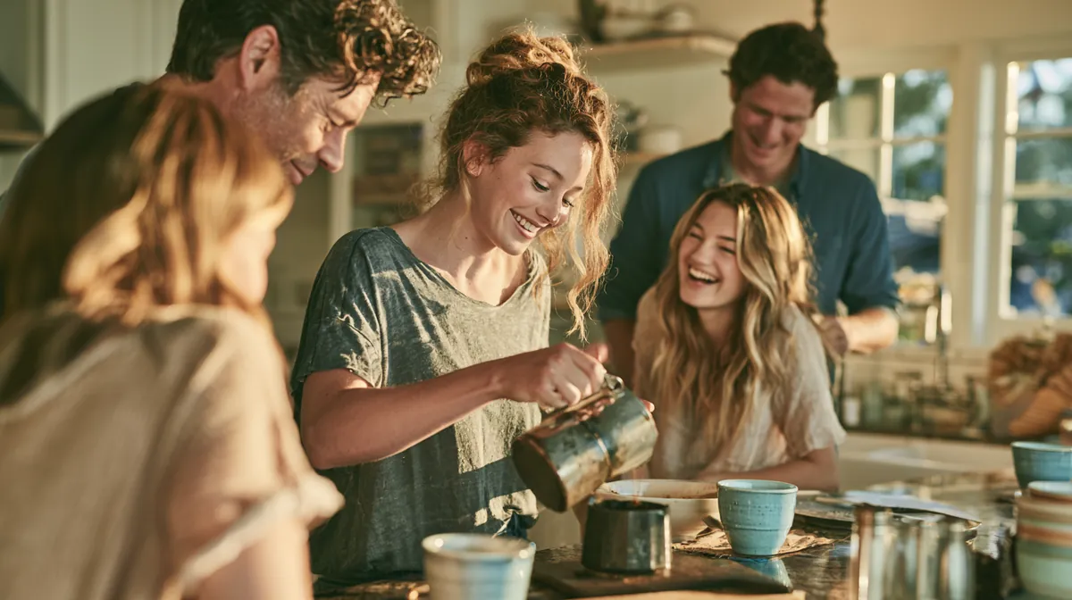 American family in a bright kitchen weighing a Headway Capital personal loan